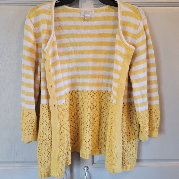 Christopher & Banks Yellow White Striped Crochet Knit Button Front Cardigan - Picture 2 of 7